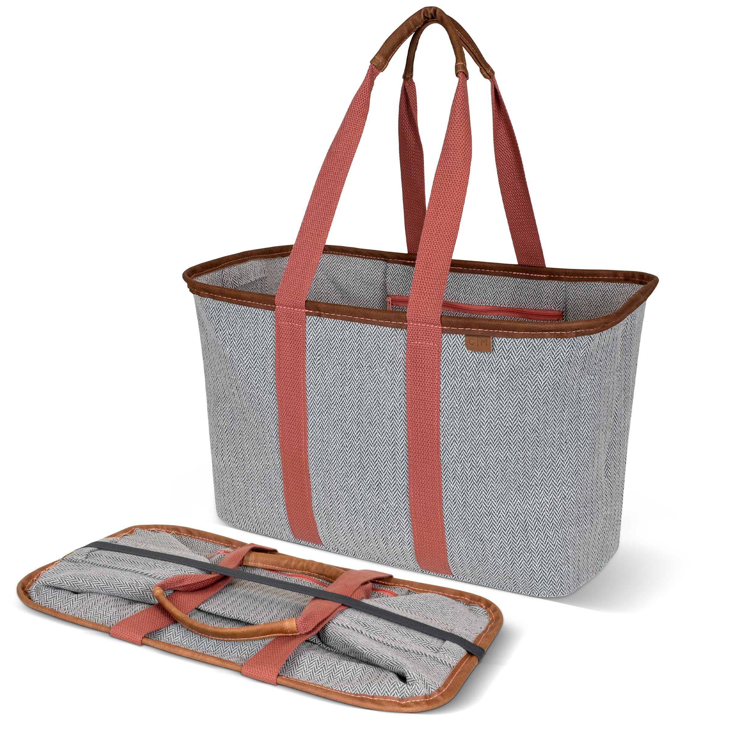 CleverMade Collapsible LUXE Tote, Rose Herringbone - 30L (8 Gal) Structured Tote Bag with Handles and Reinforced Bottom - Reusable Grocery Bag, Shopping Bag, Utility Tote Bag