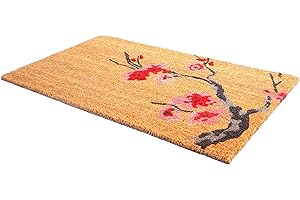 Fab Habitat Floral Non Slip Doormat - Durable, Thin - Natural Coir & Rubber - Entryway, Front Door, Porch, Patio - Cherry Branch Pink/Natural (18" x 30" Non-Slip)