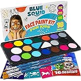 Blue Squid Face Painting Kit for Kids – 18 Colors Kids Face Paint Kit Palette with Stencils & Guided Tutorial, Water Activated Non Toxic Washable Professional Facepaint body set Halloween Party Makeup