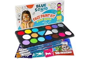 Blue Squid Face Painting Kit for Kids – 18 Colors Kids Face Paint Kit Palette with Stencils & Guided Tutorial, Water Activated Non Toxic Washable Professional Facepaint body set Halloween Party Makeup