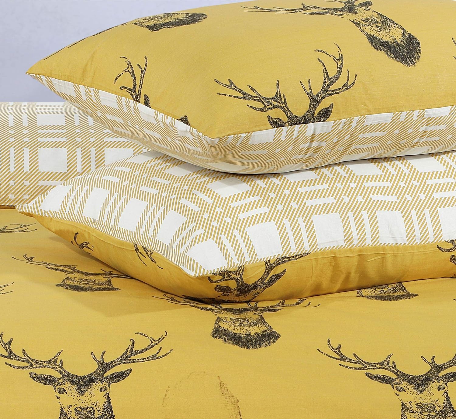100 Pure Cotton Reversible Patterned Duvet Cover Sets, Stag Mustard