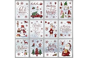 BORAMDO Christmas Window Clings 12 Sheets, Buffalo Plaid Xmas Window Decals Stickers Removable Holiday Decorations for Home & Office, 12 Styles