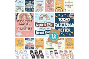 Decorably 15 Boho Rainbow Motivational Posters for Classroom, 11x14in Matte-Laminated Inspirational Boho Classroom Decor - Cl