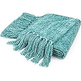 Pavilia Teal Green Throw Blanket for Couch, Twin Size Bed, Chenille, Soft Knit Woven Turquoise with Tassel, Decorative Textured for Living Room, 60x80