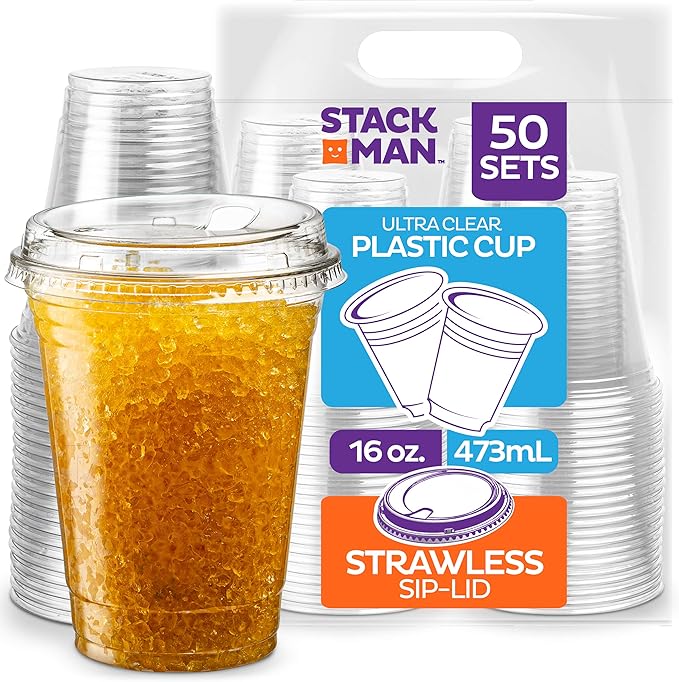 16 oz. Clear Cups with Strawless SipLids, [50 Sets] PET