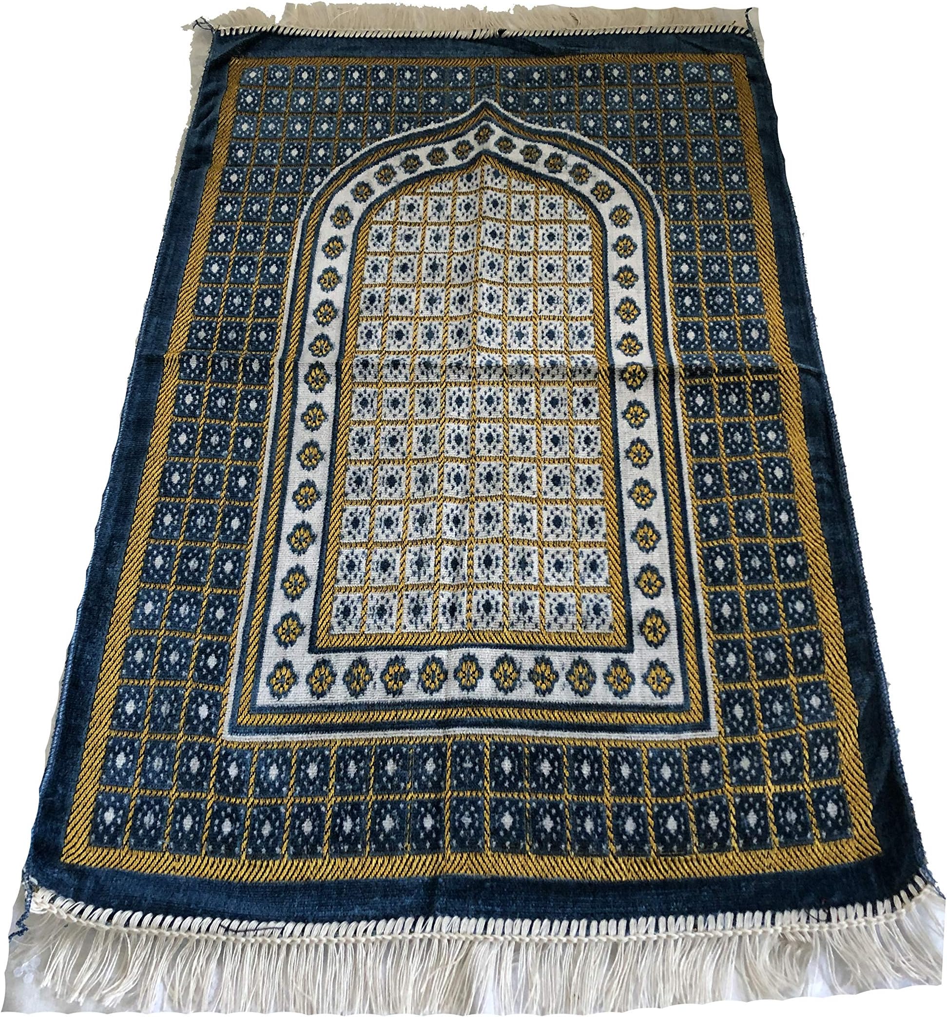 Excellent Islamic Prayer Rug Velvet Mihrab Janamaz Sajjadah Muslim Namaz Seccade Turkish Prayer Rug (Blue)