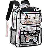Clear Backpack for School,Large Bookbag Heavy Duty See Through Butterfly Backpacks for Girls Stadium Approved Daypack Transparent Shoulder Bags for Students,Teens,Women,Work,Travel,Concert Black