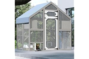 PetsCosset 71" H Catio Outdoor Cat Enclosure for Multiple Cats Large Wooden Walk in Cats House Outside Weatherproof Roof,Attached to House's Window,Cat's Door and Tunnel