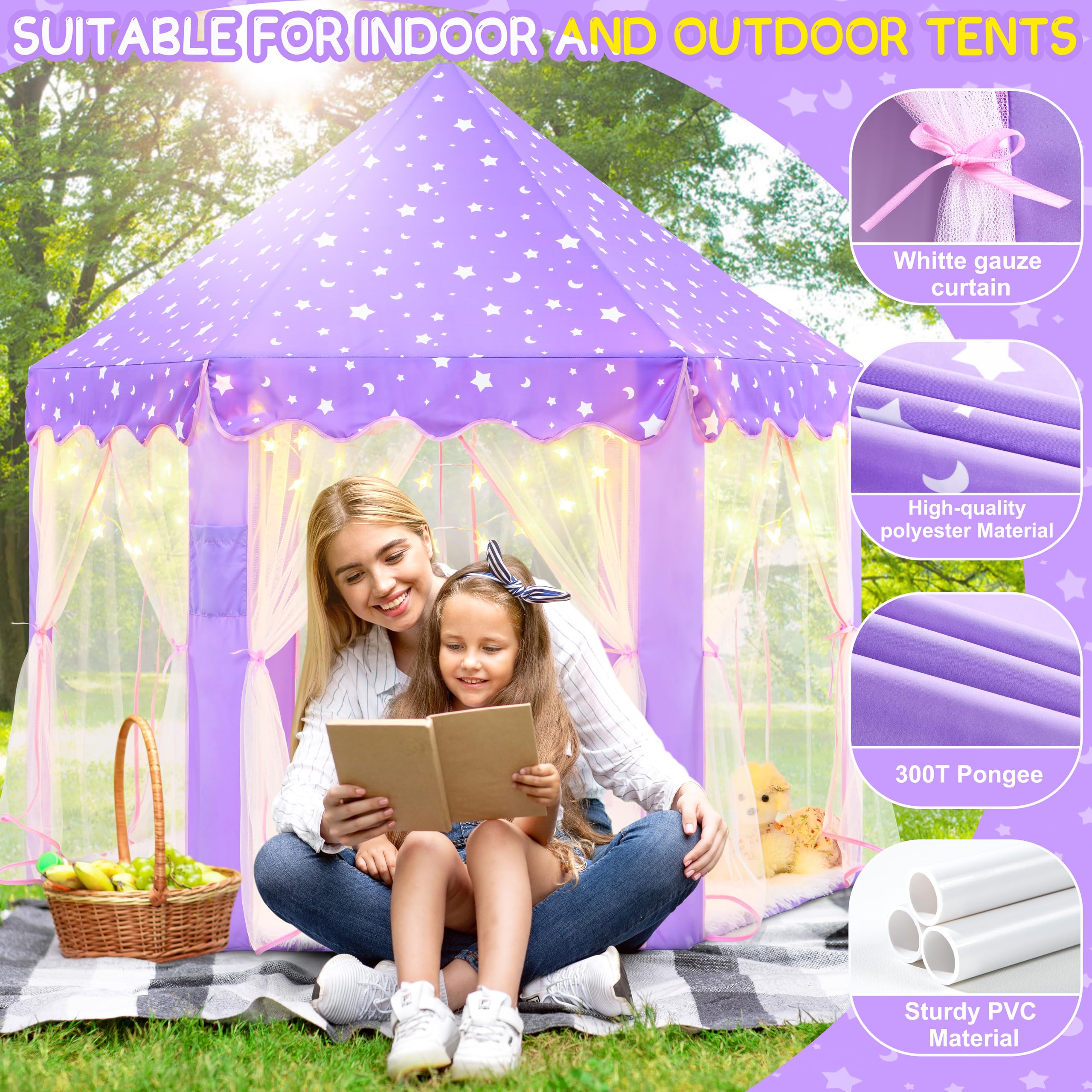 EVOIONOS Purple Tent for Girls, Kids Tent Indoor, Princess Tent with Star Lights, Girls Play Tent, Princess Castle Playhouse Tent, Little Girls Lavendar Tent, 55x53 Princess Tent for Girls