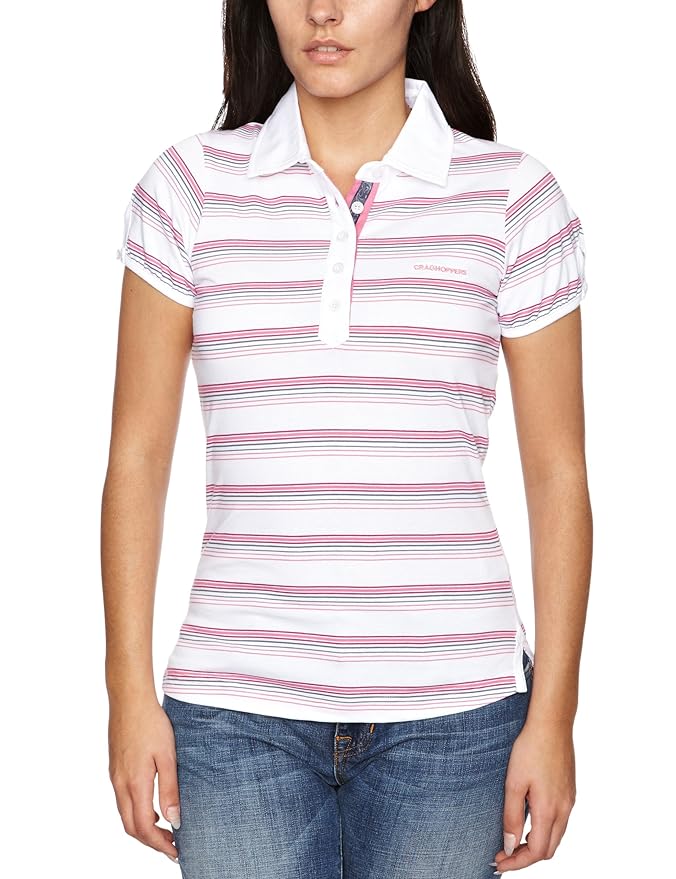 Craghoppers Women's Stripe Polo Cotton Polo Shirt Hot Pink combo