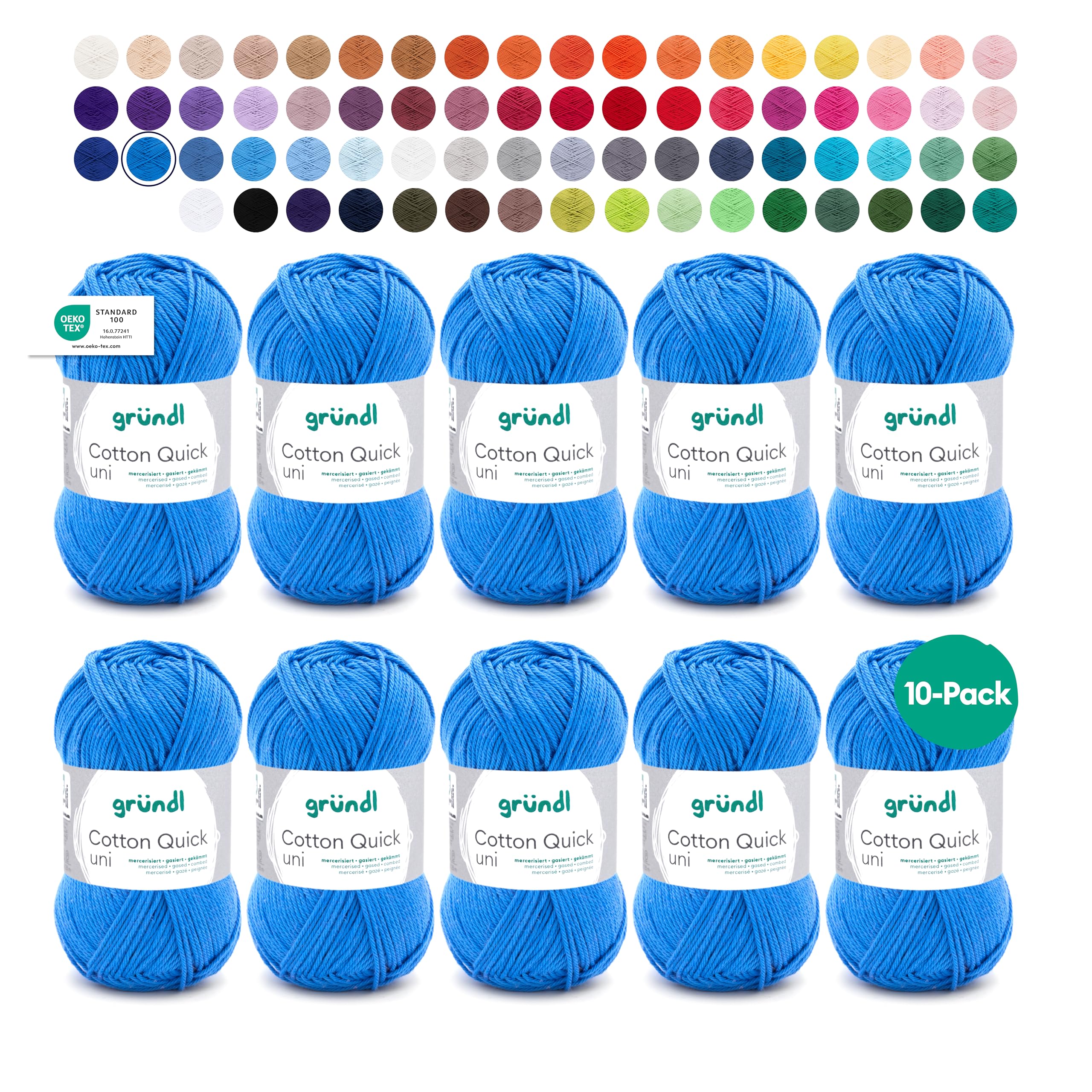 Gründl Wool Cotton Quick Plain - Thin Wool for Crocheting - Knitting Yarn - Crochet Yarn - Shiny and Skin Friendly - 100% Cotton - 10 Balls 50 g / 125 m - Needle Size 3-4 - Medium Blue