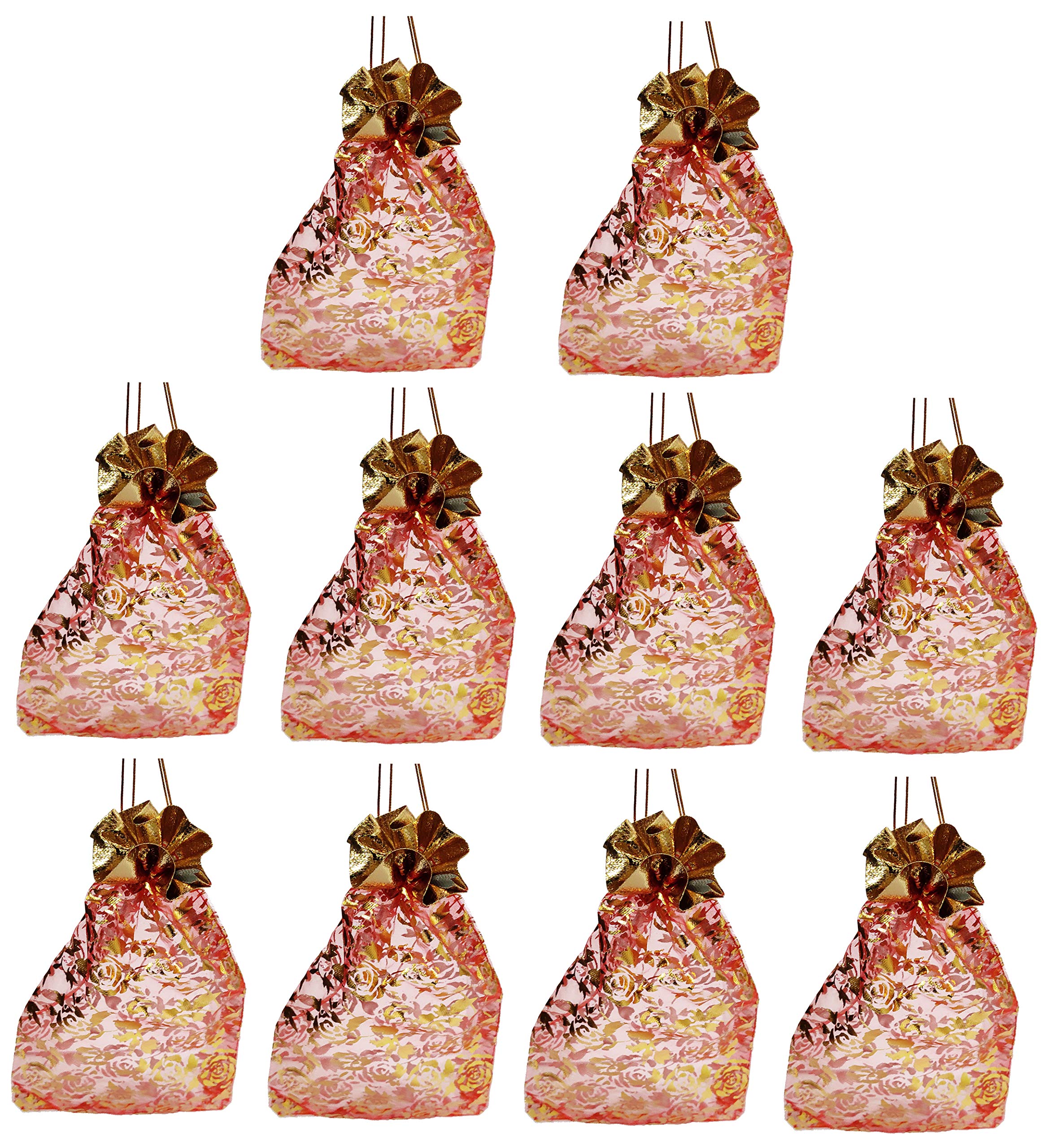 Purpledip Polyester Net Brocade Gift Pouch, Red, 9 Inches: Pack of 10 Potli Gift Bags (12081)