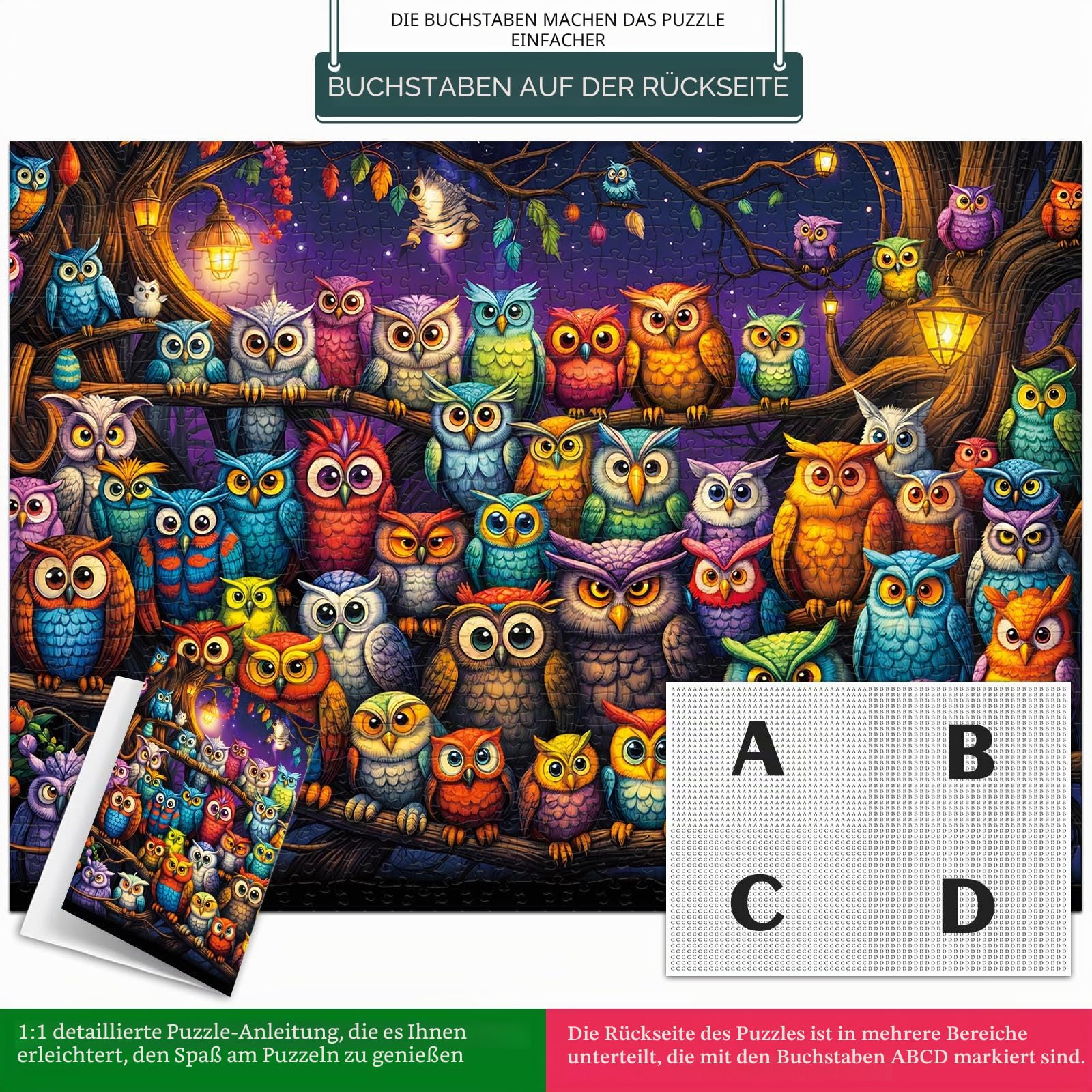TangComplete Puzzle 1000 Teile für Erwachsene und Kinder, Impossible Game, Puzzles-Geschenk, Clevere Rätsel, Puzzles Farbenfrohes, Puzzle mit Magischer Eule-Motiv 7