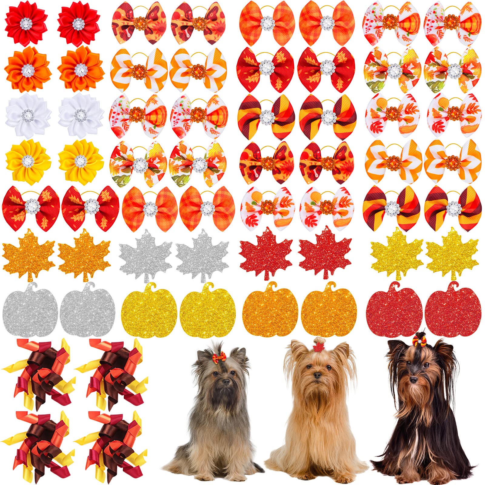 Photo 1 of 60Pcs/30Pairs Fall Thanksgiving Dog Hair Bows with Rubber Bands Maple Leaf Pumpkin Orange Dog Grooming Bows Girls Puppy Bows for Small Medium Large Dogs Yorkie Pet Hair Grooming Accessories