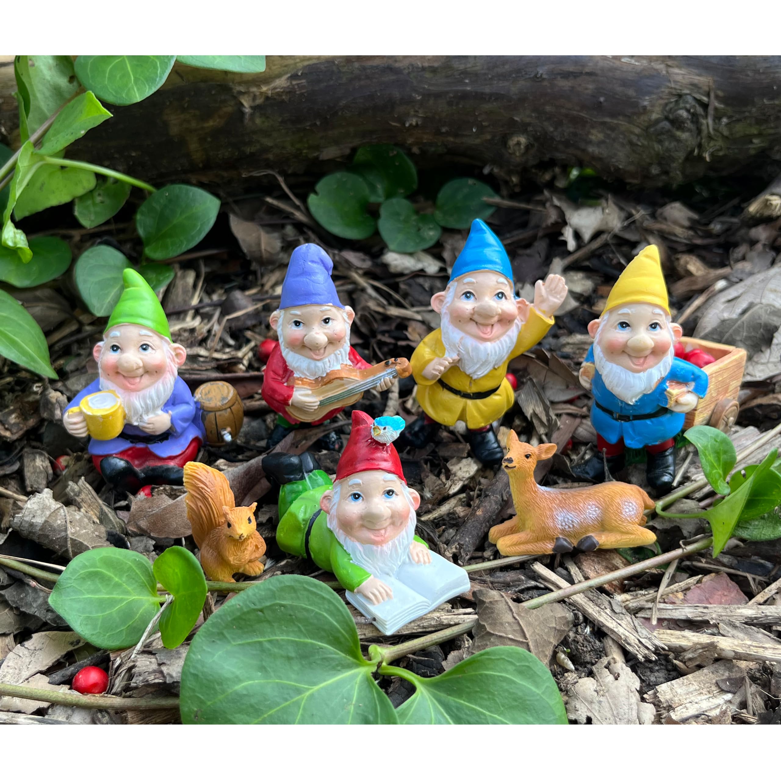 Photo 1 of Cliocoo 7cs Gnome Miniature Set with Deer and Squirrel for Fairy Garden, Lovely Resin Dwarf Figurines Kit for Garden Yard Patio Outdoor Home Decoration