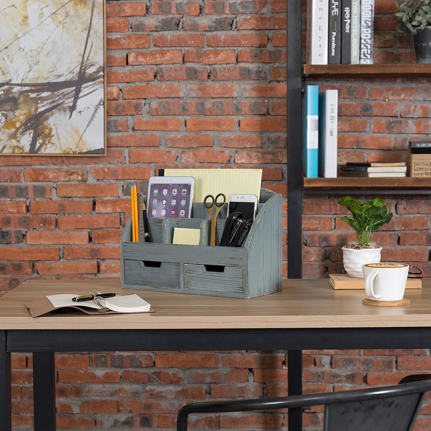 MyGift 6-Compartment Distressed Dark Grey Wood Desk Organizer with 2 Drawers : Office Products