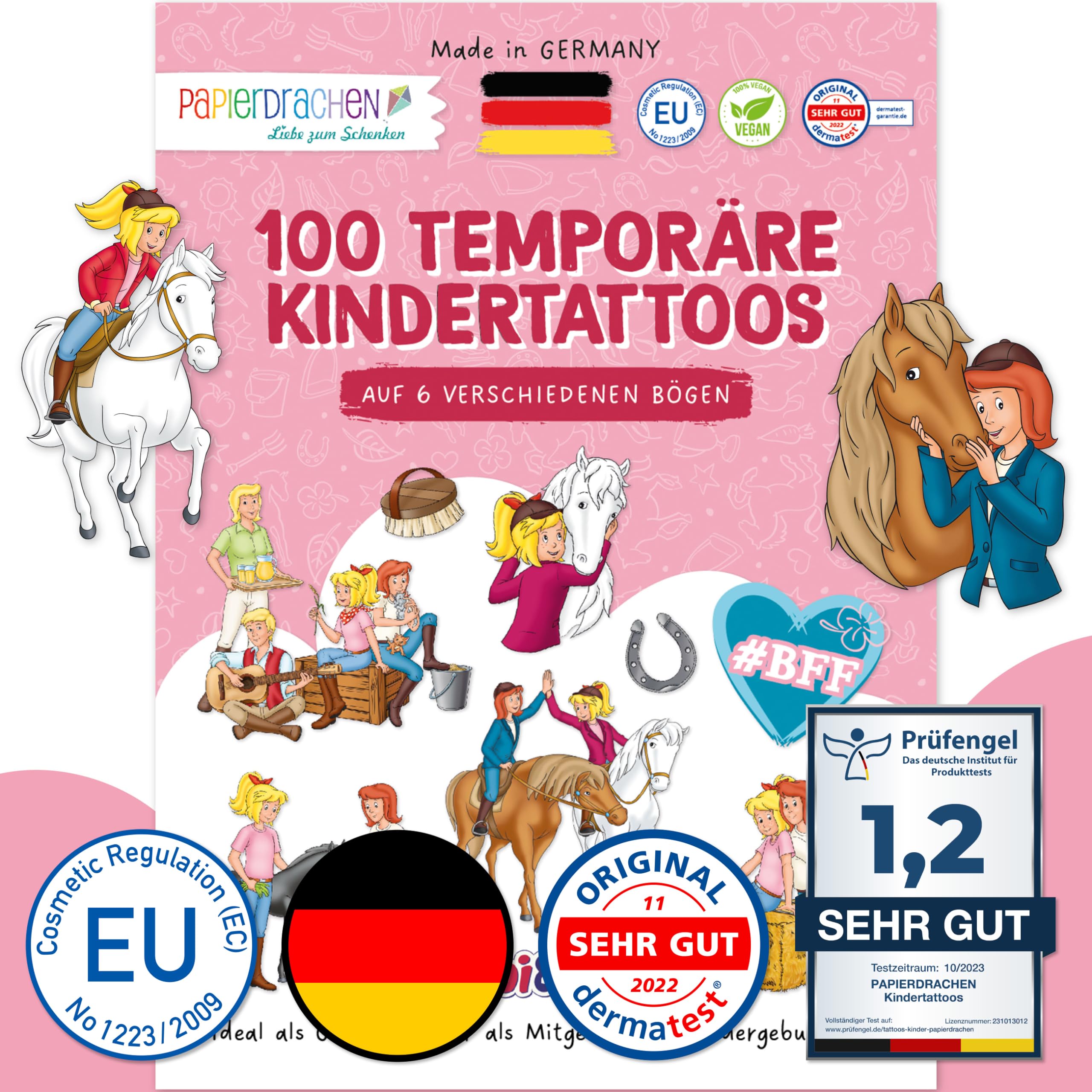 Papierdrachen 100 tattoos for children, skin-friendly children's tattoos, Bibi & Tina, child-friendly designs, as a party bag or gift idea, 100% vegan, tested
