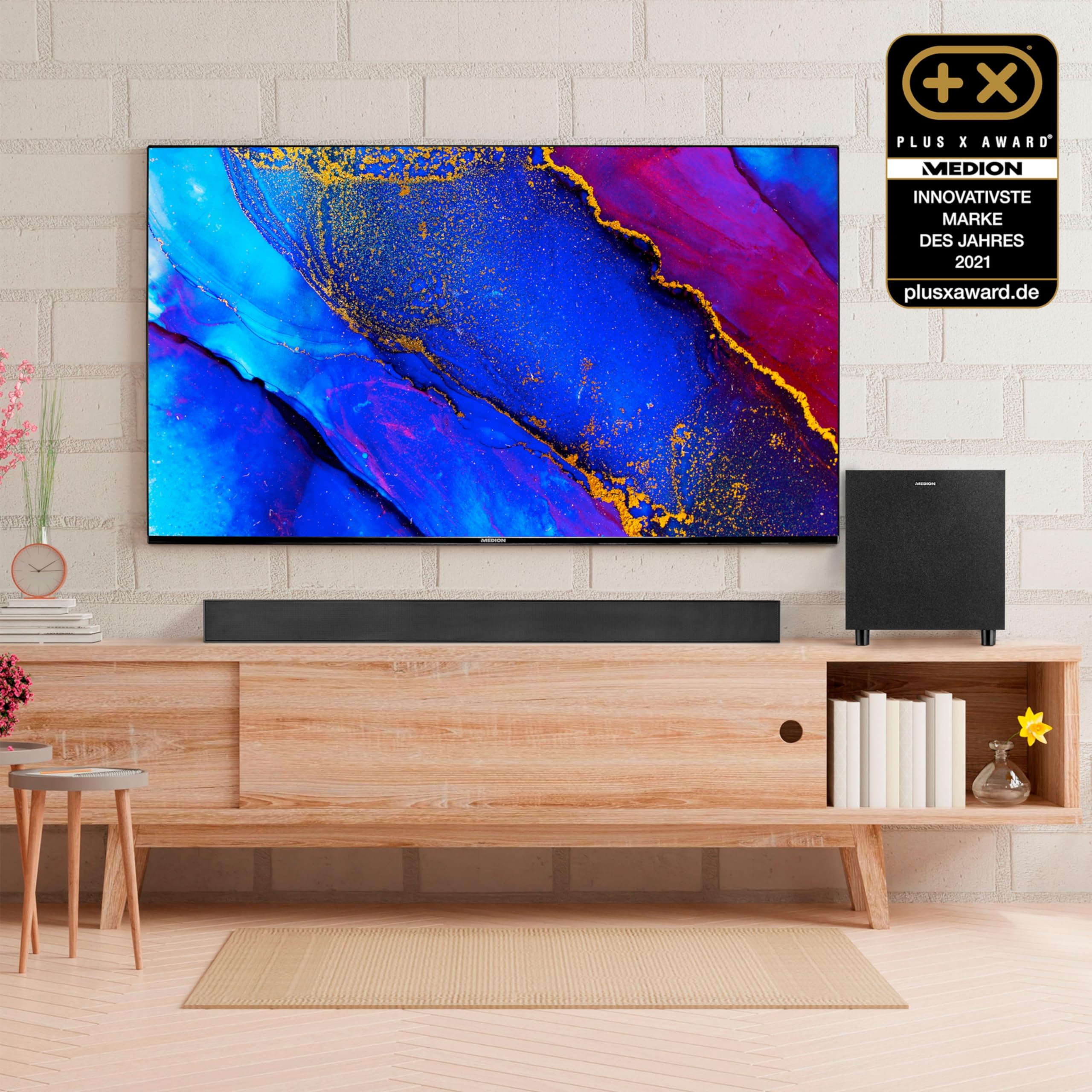 MEDION S61022 3.1 Dolby Atmos Soundbar mit kabellosen Subwoofer (für TV Geräte, Bluetooth 5.3, HDMI eARC CEC, optischer Eingang, AUX, 3 x 20 W + 60 W (RMS) Subwoofer kabellos, Fernbedienung 2