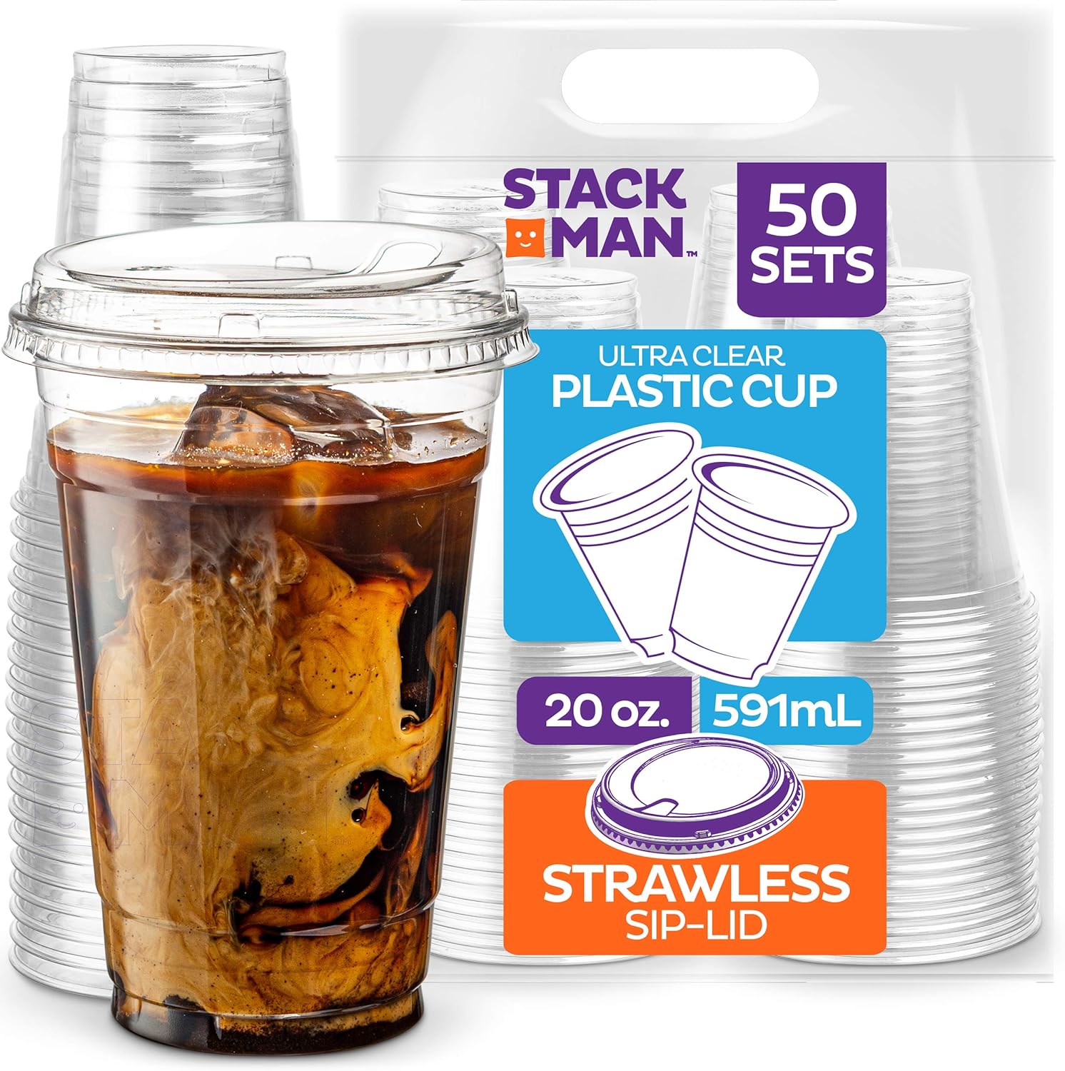 20 oz. Clear Cups with Strawless Sip-Lids, [50 Sets] PET Crystal Clear Disposable 20oz Plastic Cups with Lids