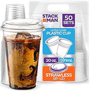 20 oz. Clear Cups with Strawless Sip-Lids, [50 Sets] PET Crystal Clear Disposable 20oz Plastic Cups with Lids