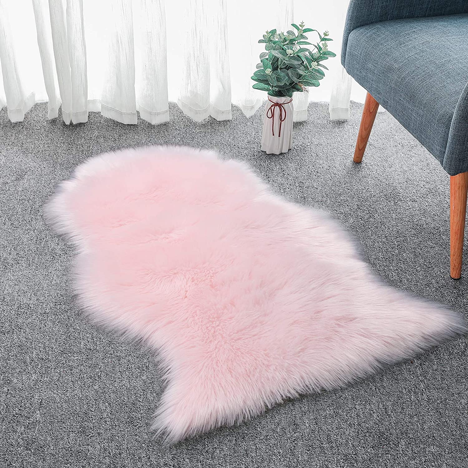 HLZDH Faux Fur Sheepskin Doormat Rug Non-Slip Luxurious Soft Artificial Wool Carpet for Living Room Bedroom Bathroom Sofa Chair Cushion (Pink, 80 X 50 CM)