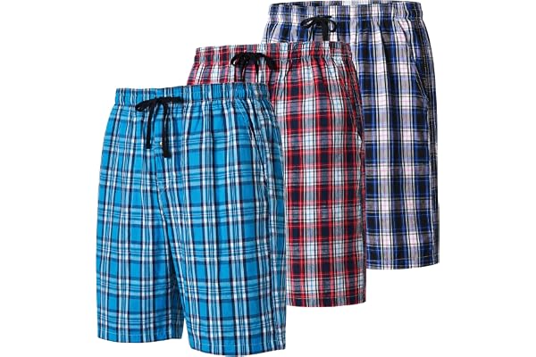 MoFiz Men's Pajama Shorts 3-Pack Woven Cotton Plaid Sleep Lounge Shorts Soft Lightweight PJ Bottoms with Pockets, Button Fly