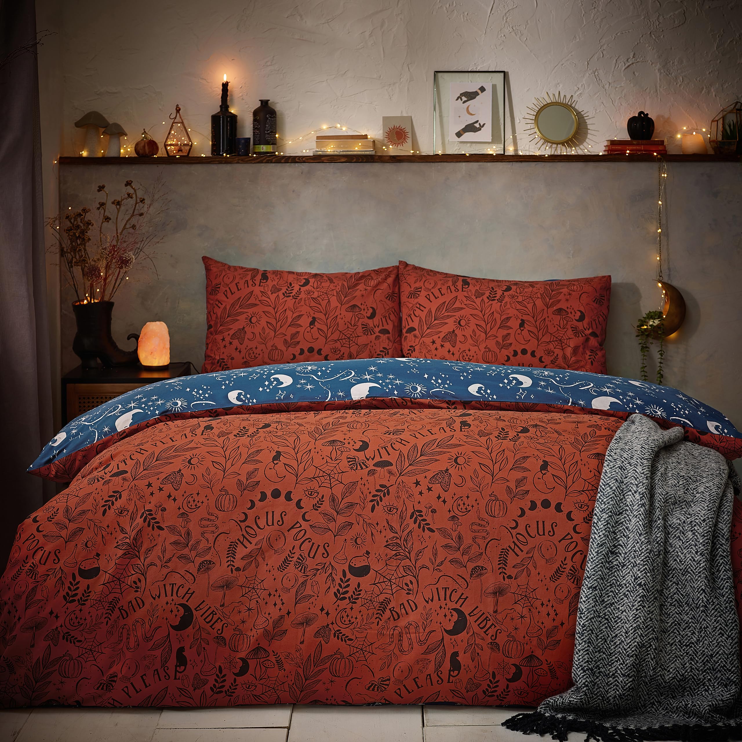 Furn Witchy Vibes Duvet Cover Set – Reversible Halloween Design Soft Cotton Blend with Celestial Reverse (Orange - Double)