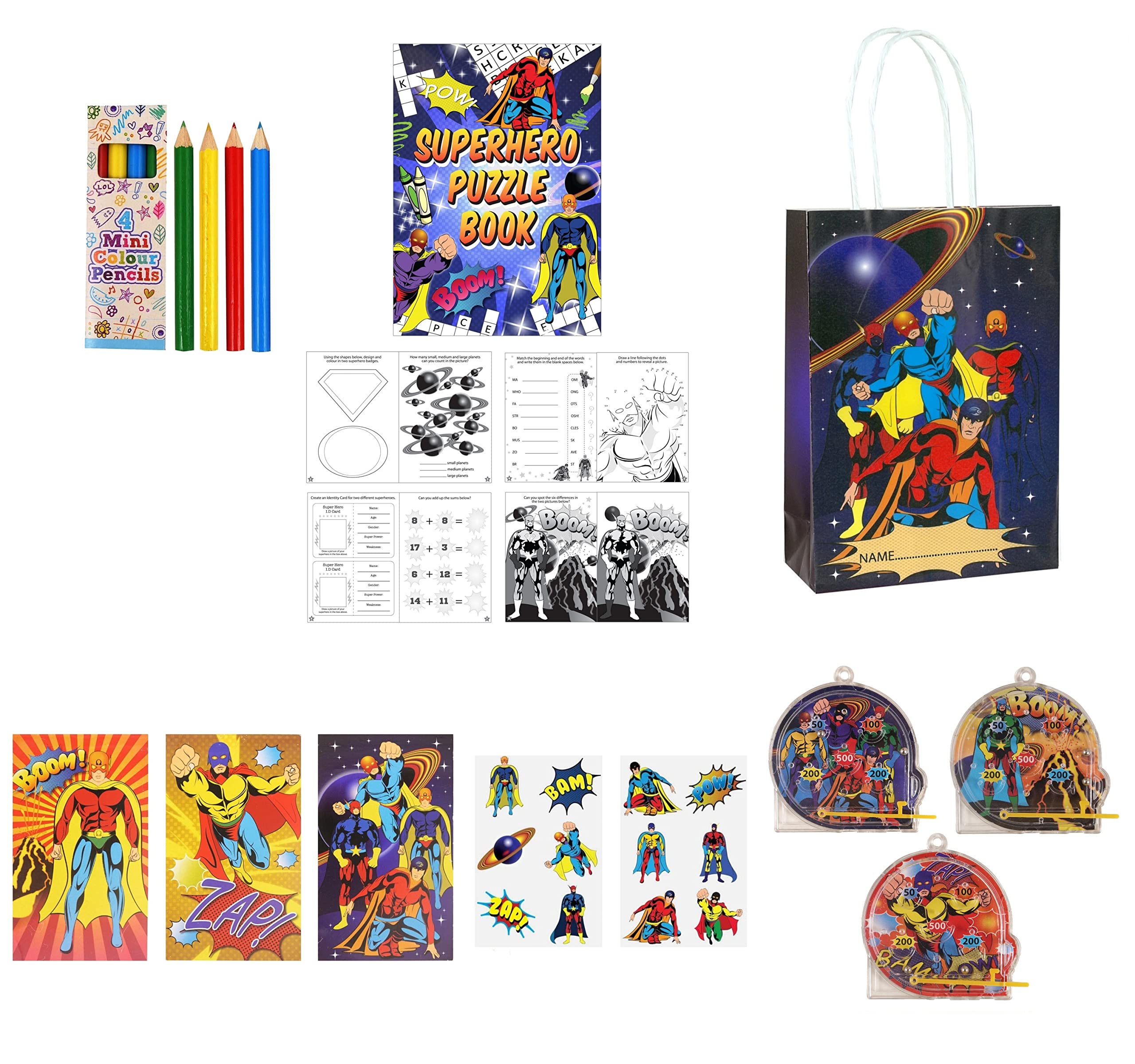 Anila's Complete Superhero Themed 10 Party Bag Fillers & Favours – Pencils, Colouring Books, Notebooks, Mazes, Tattoos & Party Bags. (Ideal for Children Aged 3-8)