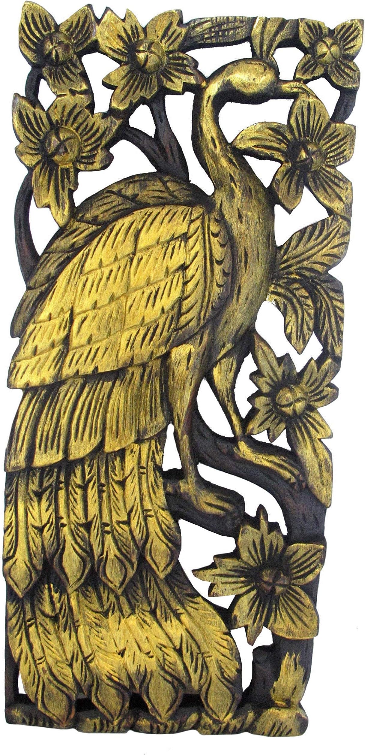 Blue Orchid Wooden Peacock Wall Art - Hand Carved Teak Wood Wall Hanging Sculpture - Asian Oriental Accents - Boho Home Decor - 18 Inches (Gold Flower Left)