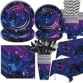 Xenorik Space Galaxy Party Decorations Tableware, Outer Space Birthday Party Supplies, Paper Plate, Cup, Napkin, Tablecloth, Cutlery, Starry Night Sky Birthday Baby Shower Decorations, Serve 24