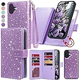 Varikke for iPhone 17 Wallet Case Detachable with RFID Blocking Card Holder for Women, Glitter PU Leather Wrist Strap Strong Magnetic Flip Removable Phone Case Cover for iPhone 17 6.3", Light Purple