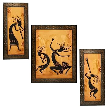 Indianara 3 PC Set of Abstract Paintings (1412) Without Glass 5.2 X 12.5, 9.5 X 12.5, 5.2 X 12.5 inch