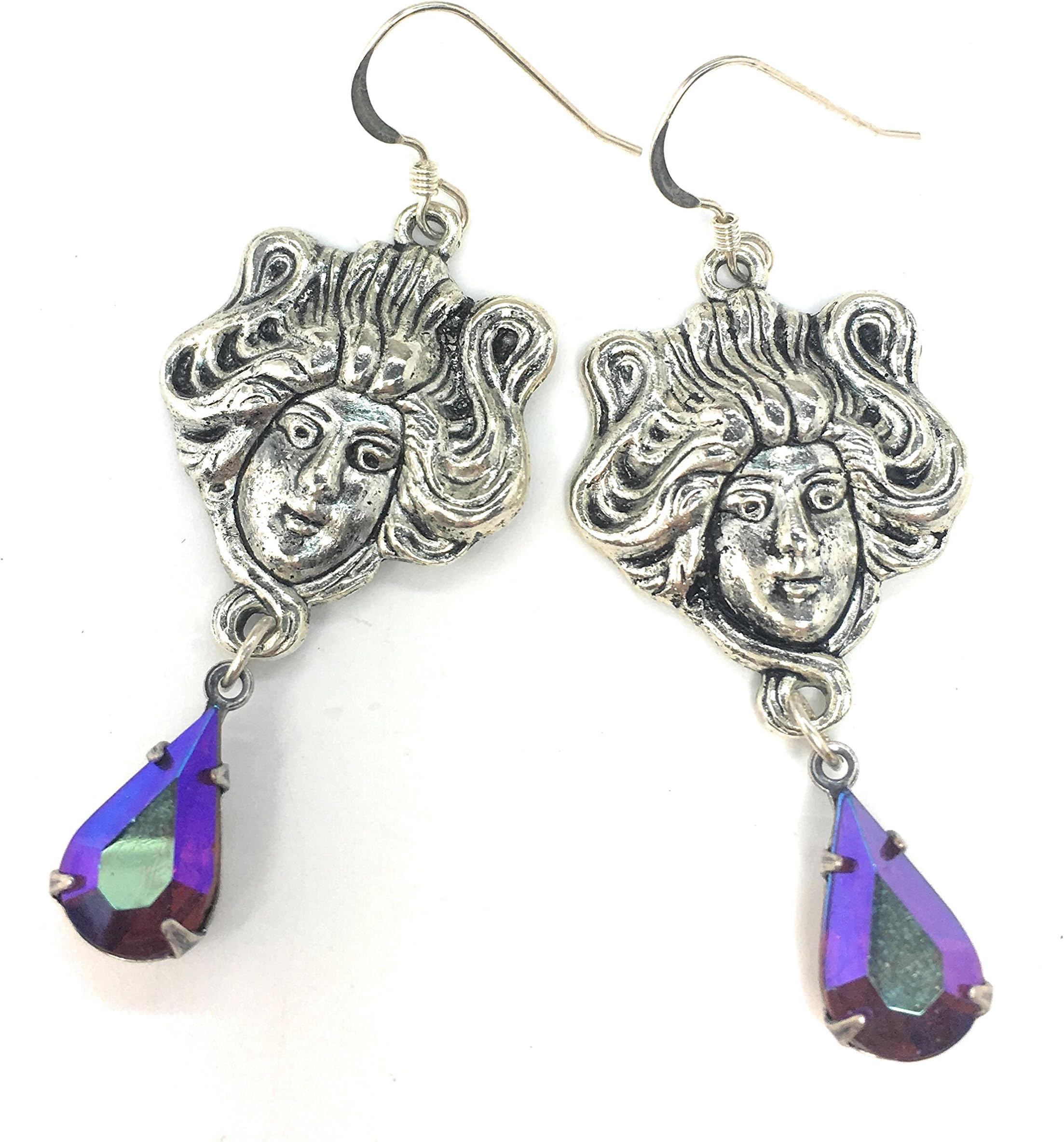 Art nouveau goddess earrings burgundy red purple glass pear drop rhinestones - free gift wrapping - handmade in East Sussex