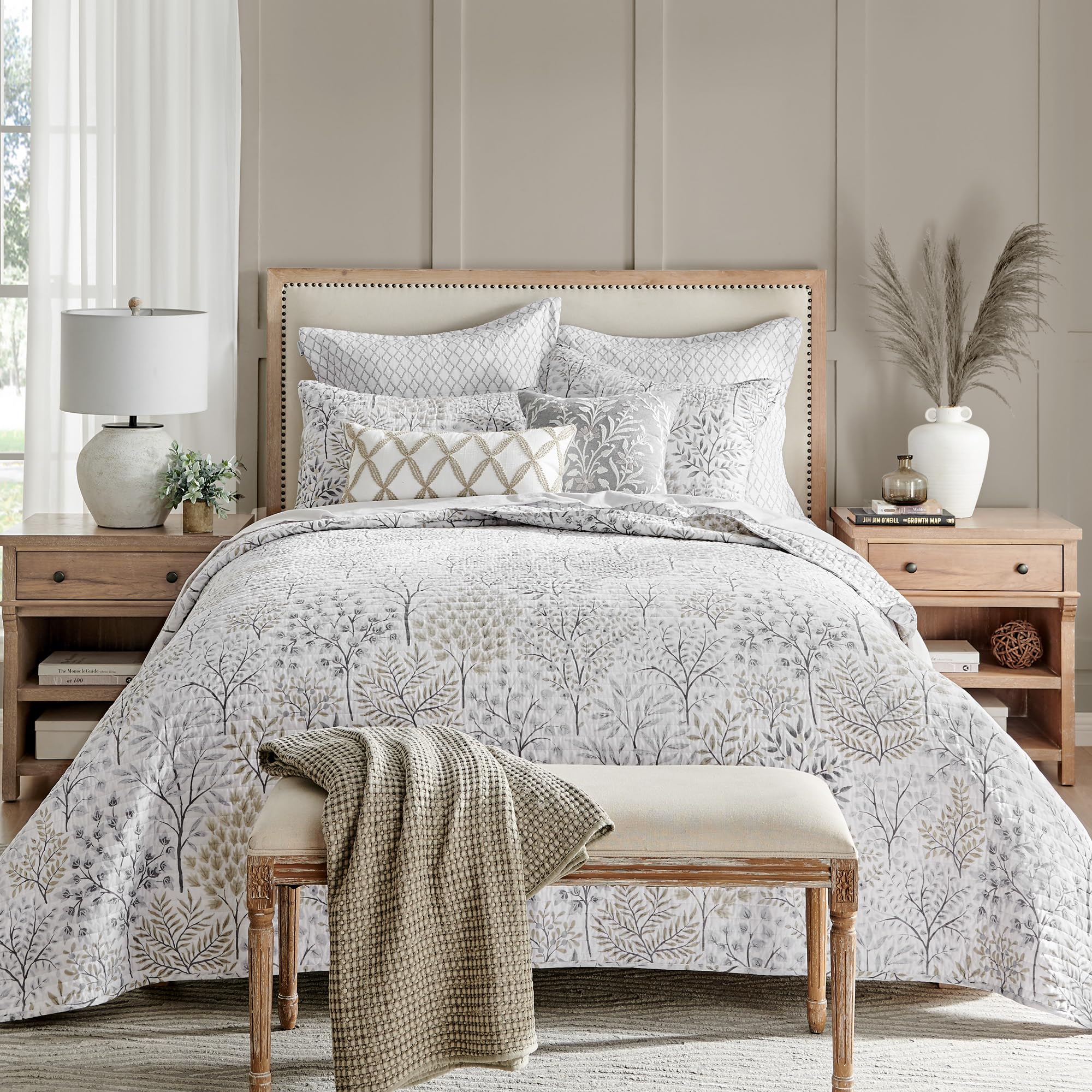 Photo 1 of Levtex Home English Forest Natural Reversible Full/Queen Quilt Set (88x92in) and 2 Pillow Shams (26x20in) - Floral - Taupe Grey - Cotton Full/Queen Size Quilt Bedding Set - Lightweight Soft Pre-Washed