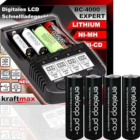 Original BC-4000 EXPERT Ladegerät + 4 Panasonic Eneloop Pro Mignon AA Akkus - SET mit Ladestation und Akku Batterien in kraft