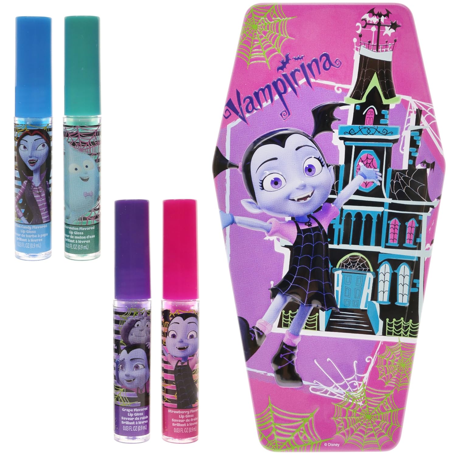 TownleyGirl Vampirina Super Sparkly Lip Gloss Set for Girls, with 4 Fruity Flavors and Decorative Coffin Case