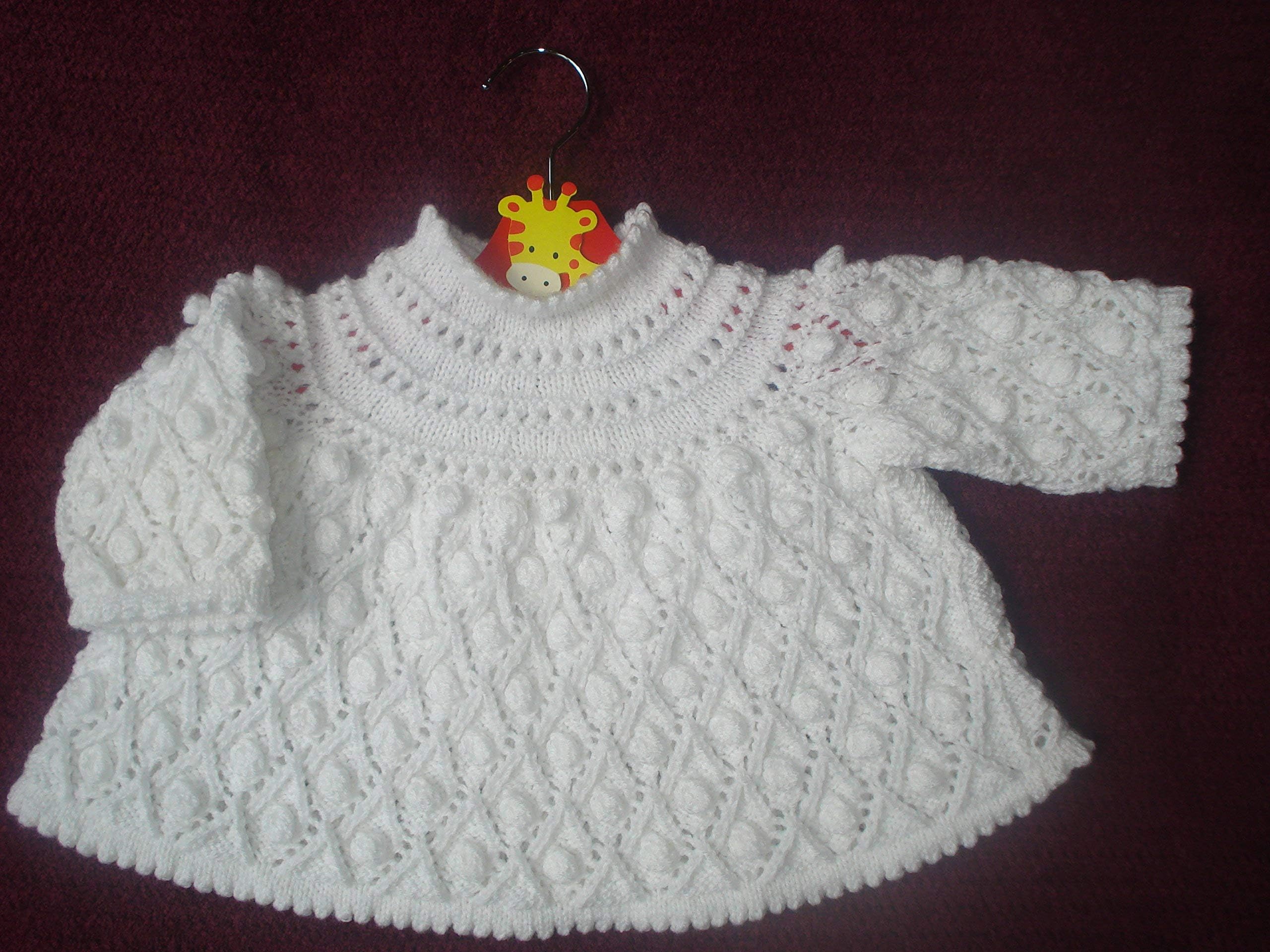 Hand Knitted White Long Sleeve Angel Top with Bobbles and Buttons on a Yoke Age 3-6 Months