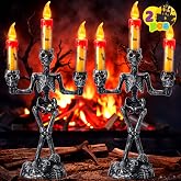 JOYIN 2 Pcs Halloween Skeleton Candelabra Decorations, Light Up Haunted Candelabra Decor with LED Flameless Candles, Skull Candles Holder Flickering Glow Tabletop Decor for Indoor Haunted House