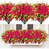 HIAGROW Artificial Flowers for Outdoors 12 Bundles Artificial Petunias Fake Flowers UV Resistant Shrubs Plants with Fern for Indoor Outside Hanging Planters Home Garden Summer Decorations(Rose Red)