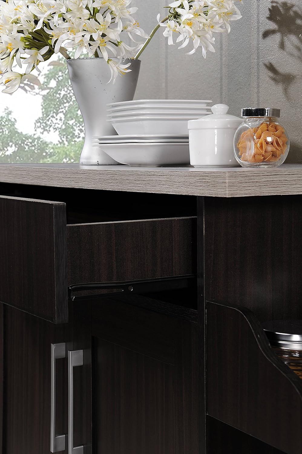 Hodedah Kitchen Island with Spice Rack, Towel Rack & Drawer, Chocolate with Grey Top: Furniture & Decor