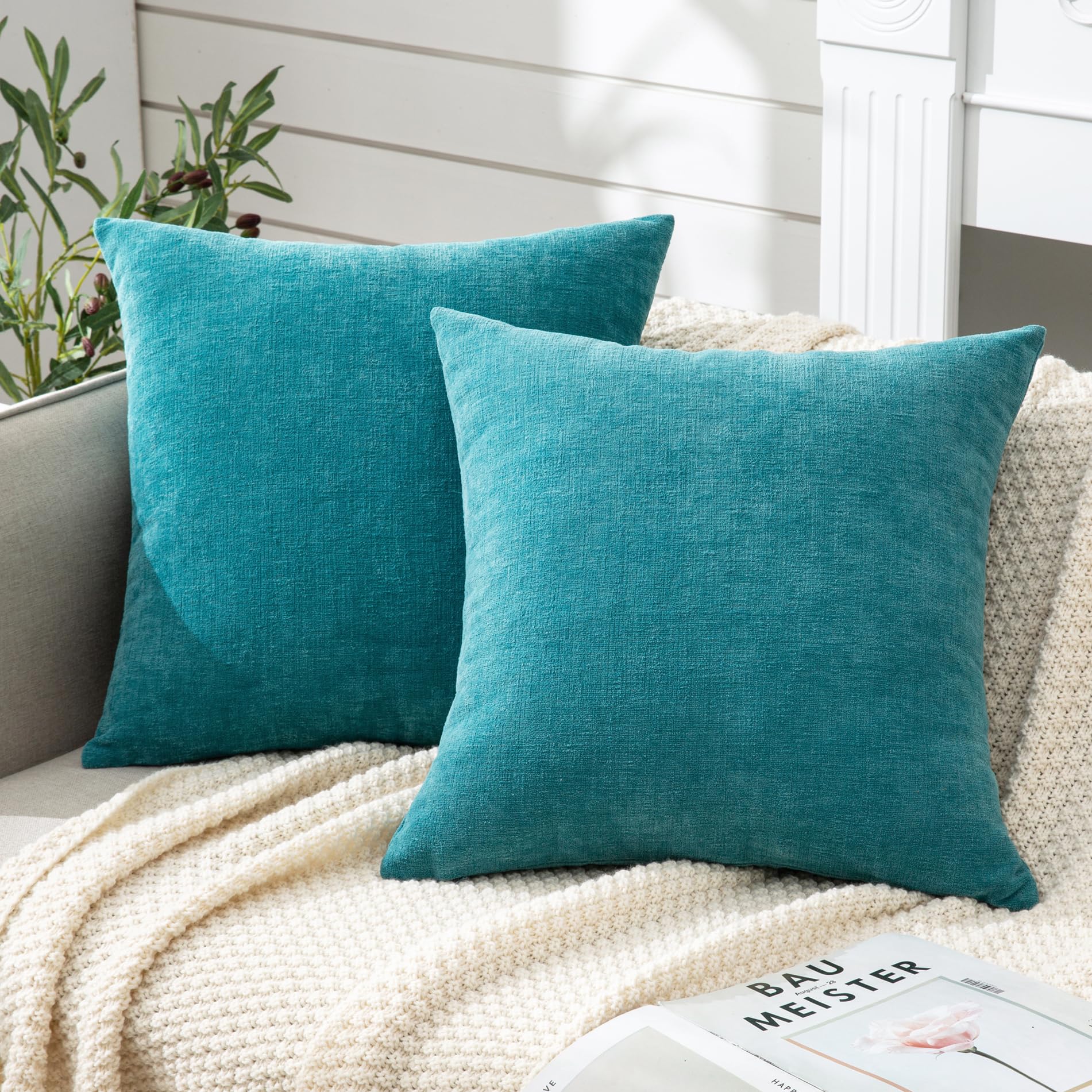 GAWAMAY Decorative Chenille Throw Pillow Covers 26x26 Inch Pack of 2, Soft Square Couch Pillow Cover for Sofa Cushion Living Room Bedroom Solid Dyed Oversized Pillowcases Teal 66x66cm (ONLY Covers) Image