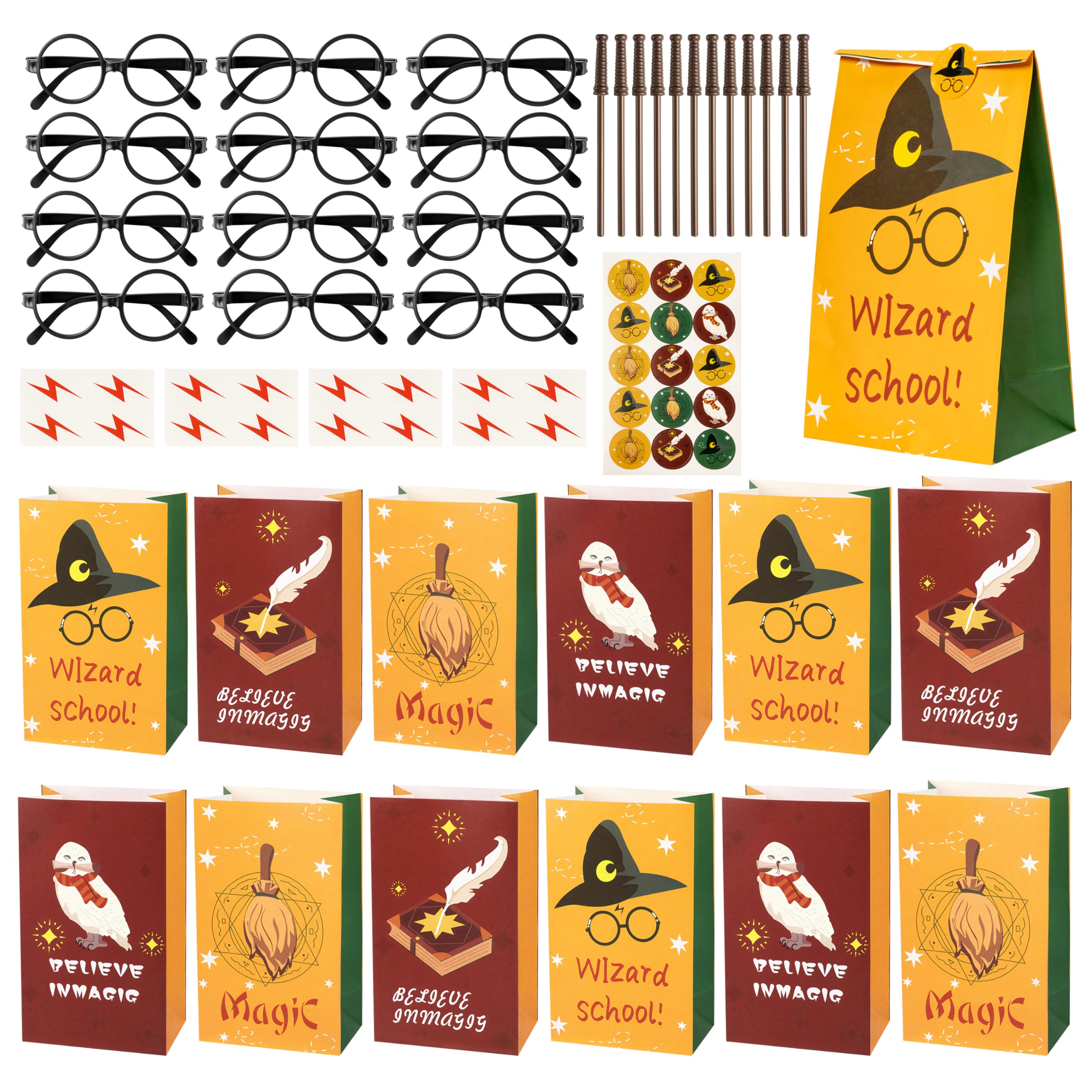 GoaePode Wizard Party Bag Fillers, Magical Party Favours for Kids with 12 Wand Pencils 12 Spectacle Frames 12 Paper Bags 12 Lightning Stickers Themed Birthday Supplies Goodie Bag Set