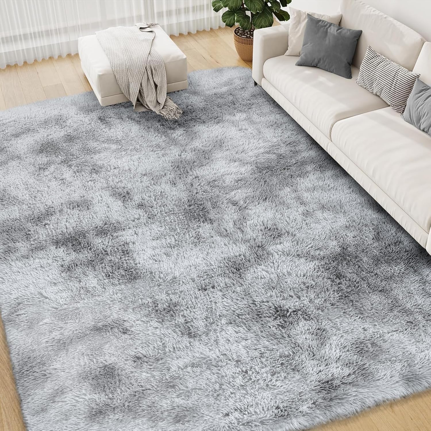 FVVRAX 150x240cm Shaggy Area Rug for Bedroom & Living Room – Machine Washable Luxury Tie-Dye Carpet, Non-Slip Fluffy Floor Mat for Cosy Homes, Nursery & Dorm Decor, Light Grey — image 1
