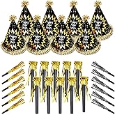 JOYEONDEF 30 Pcs Happy New Year 2026 Party Hats – NYE Cone Hats, Horns & Whistles Set for Adults & Kids, Black Gold New Year’s Eve Party Supplies Decorations