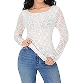 Blooming Jelly Women's Lace Long Sleeve Tops Sheer Mesh Shirt Boat Neck Blouse Sexy Going Out Date Fall Outfits