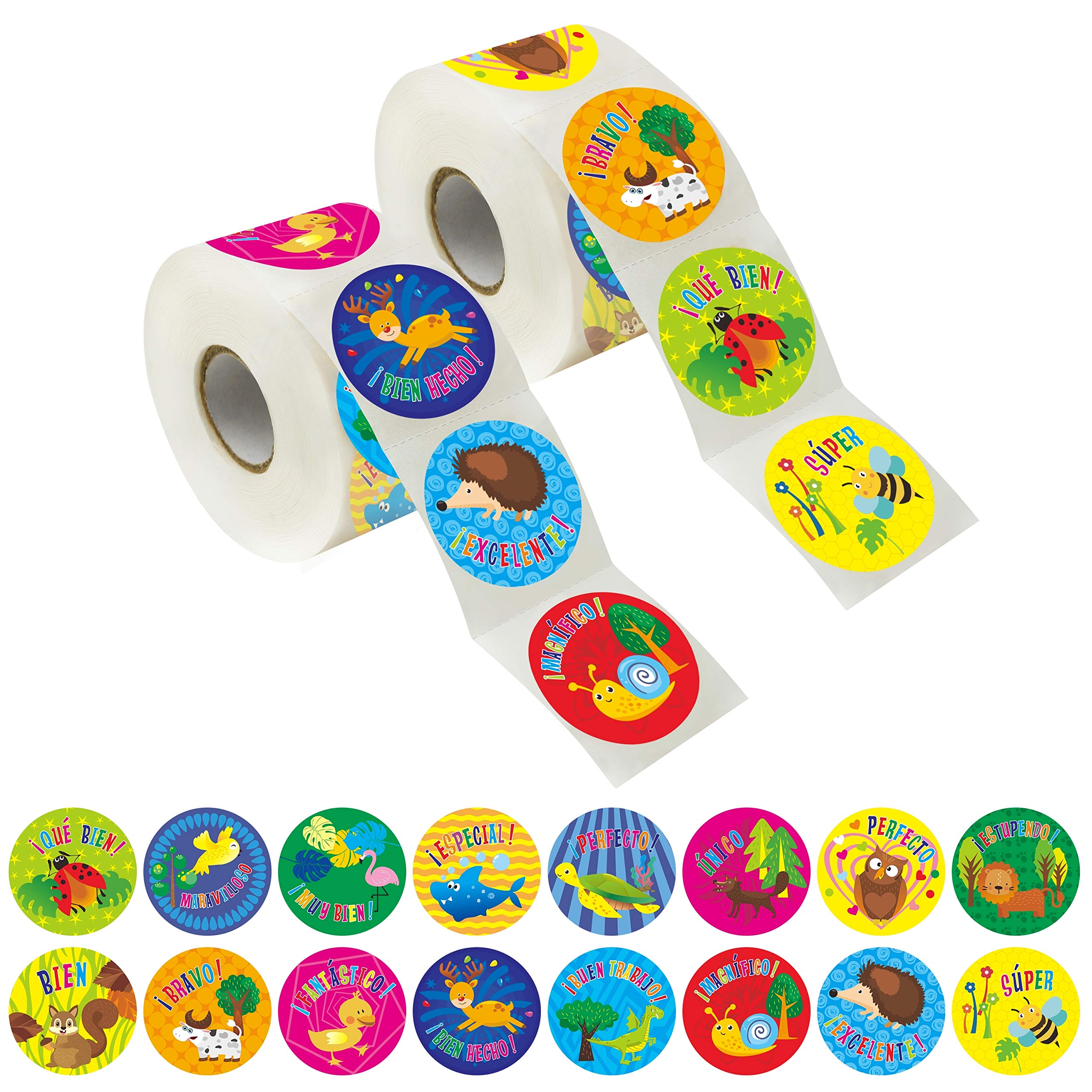 600 Teacher Reward Encouragement Motivational Spanish Espanol Sticker in 16 Animal Designs for Teachers, Classroom Use, (Each Measures 1.5" in Diameter)