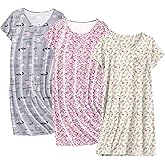 Ekouaer Cotton Nightgowns for Women 3 Pack Sleepshirts Short Sleeve Night Shirt Tshirt Night Gown Print Sleepwear Dress
