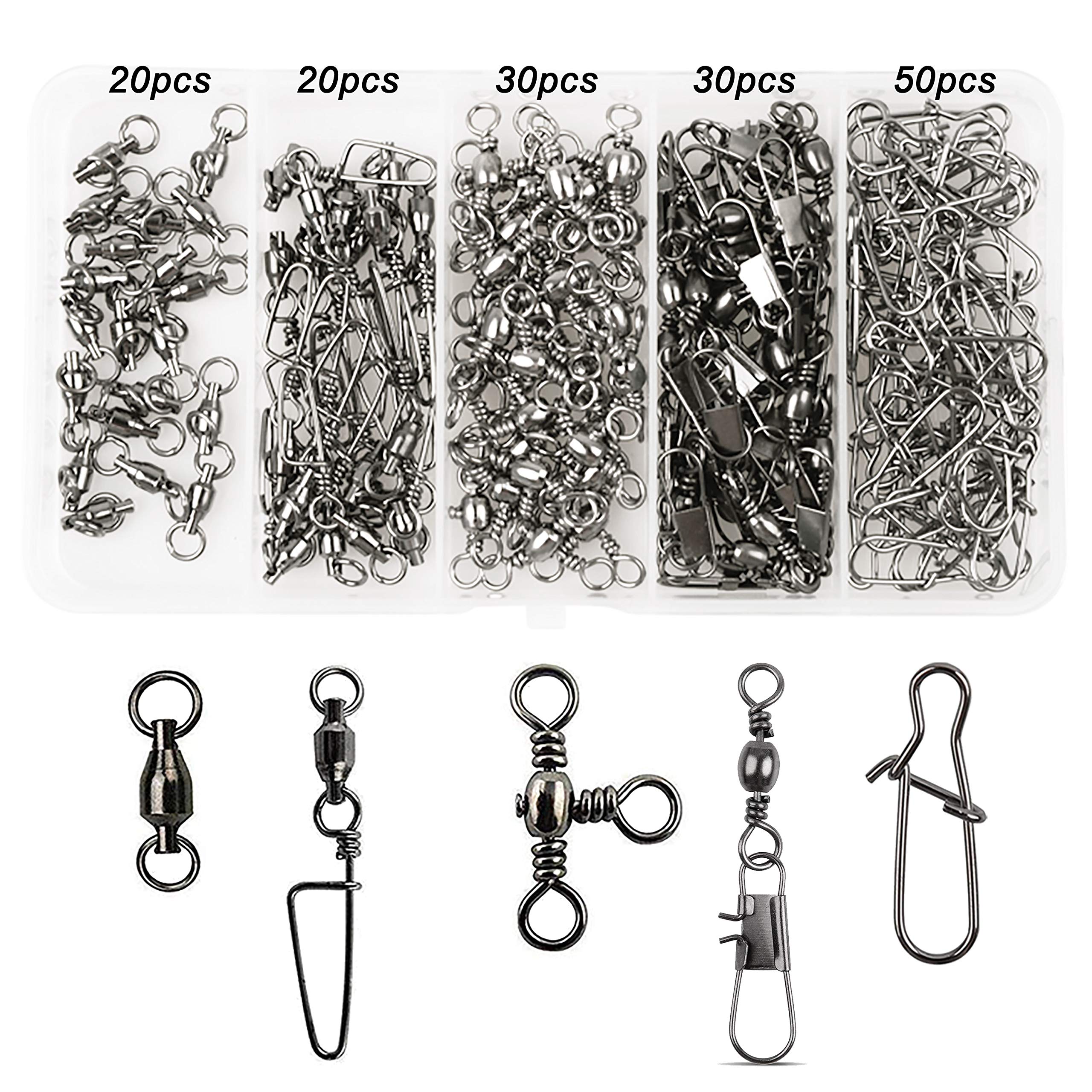 OROOTL Fishing Snap Swivels Box Kit, 150pcs Sea Fishing Swivels with Safety Nice Snap, Barrel Swivel Snap, Cross-Line Triple Barrel Swivel Ball Bearing Swivel Fishing Terminal Tackle Accessories