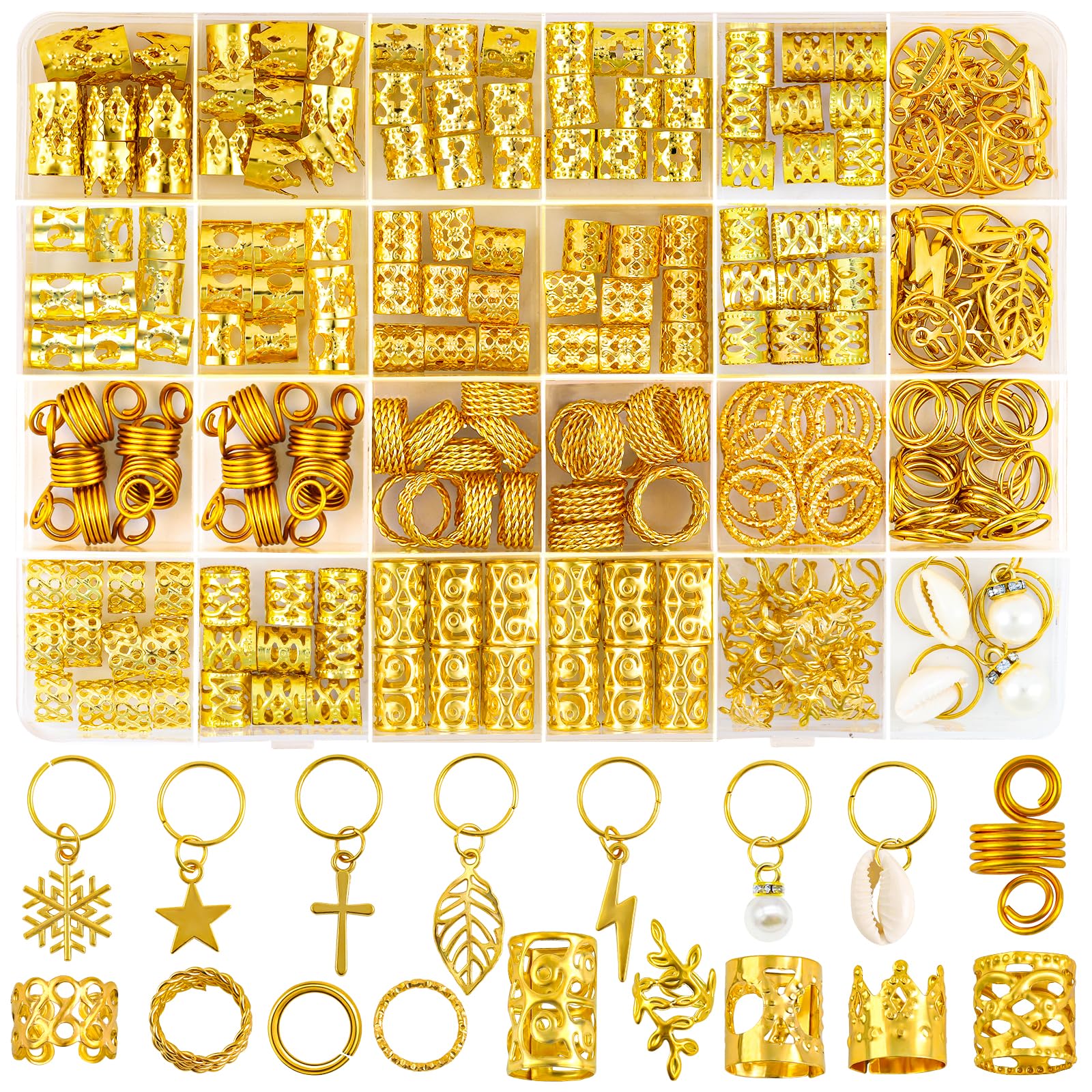 JOLCEEY 245pcs Hair Jewellery for Braids, Gold Hair Accessories Beads Cuffs Charms Rings for Girl Women Men Braids Decoration Party Music Festival