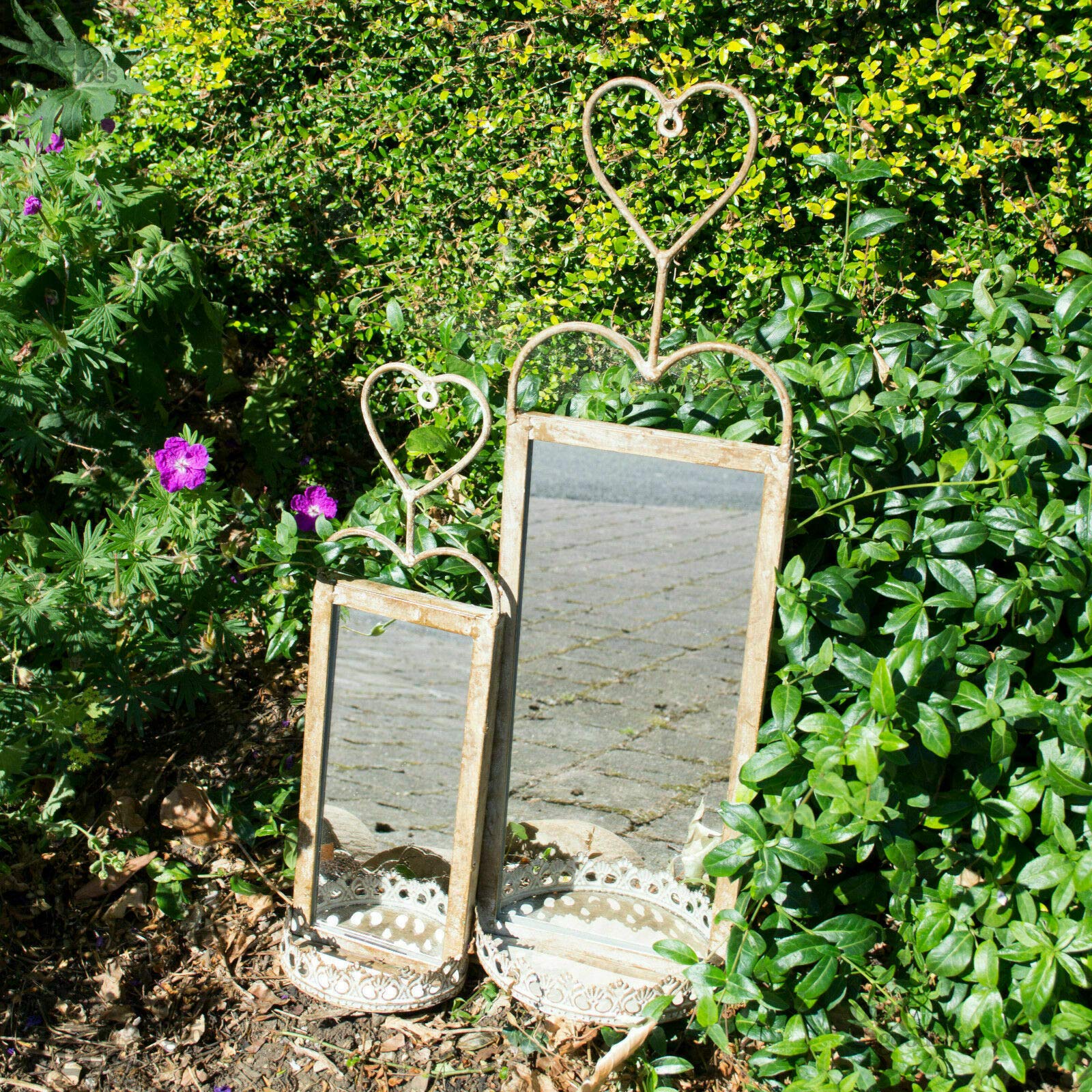 Set Of 2 French Ornate Metal Heart Freestanding Wall Mirrors Suitable For Outdoor